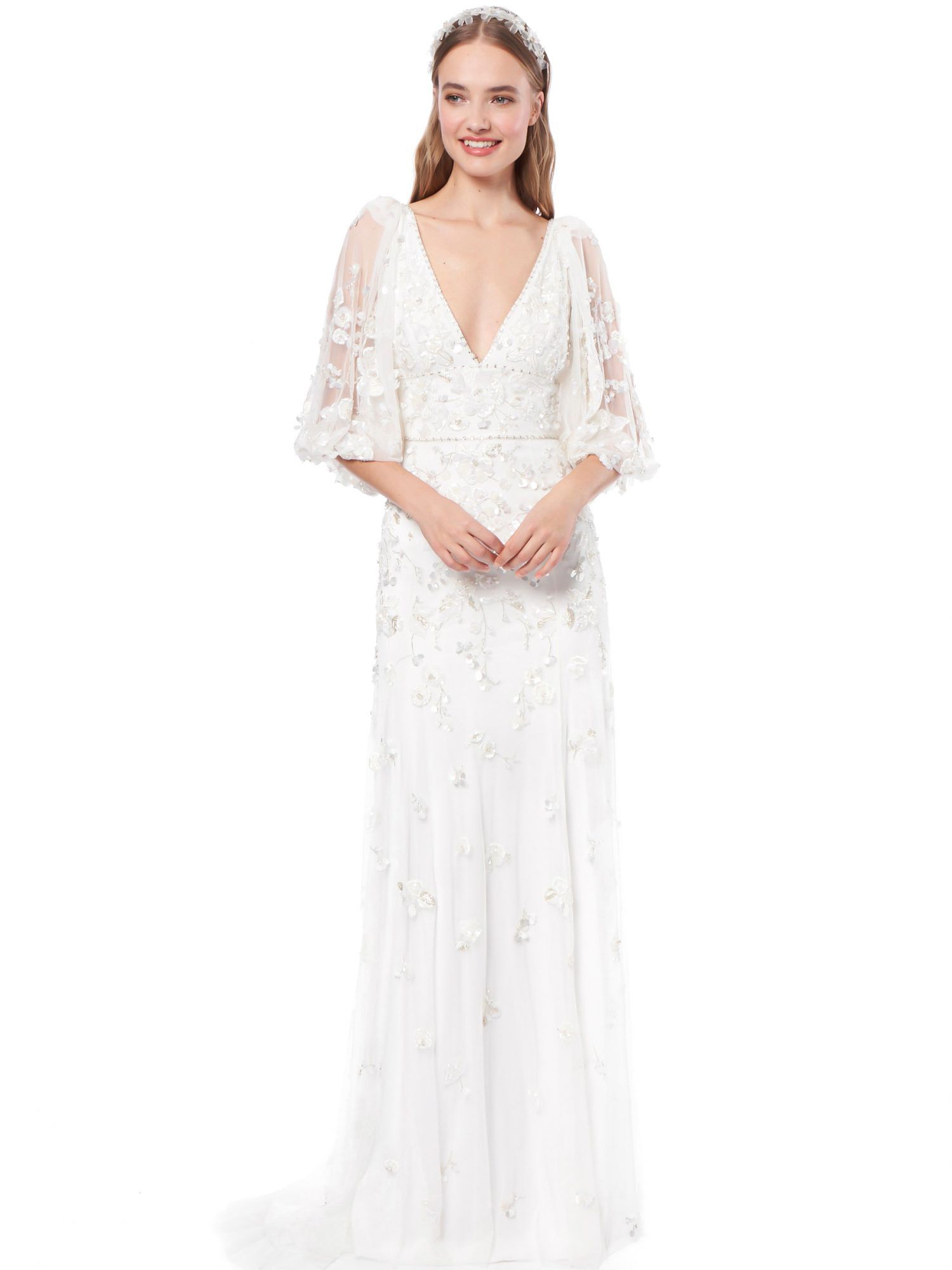 jenny packham floral applique v-neck sheath wedding dress fall 2021