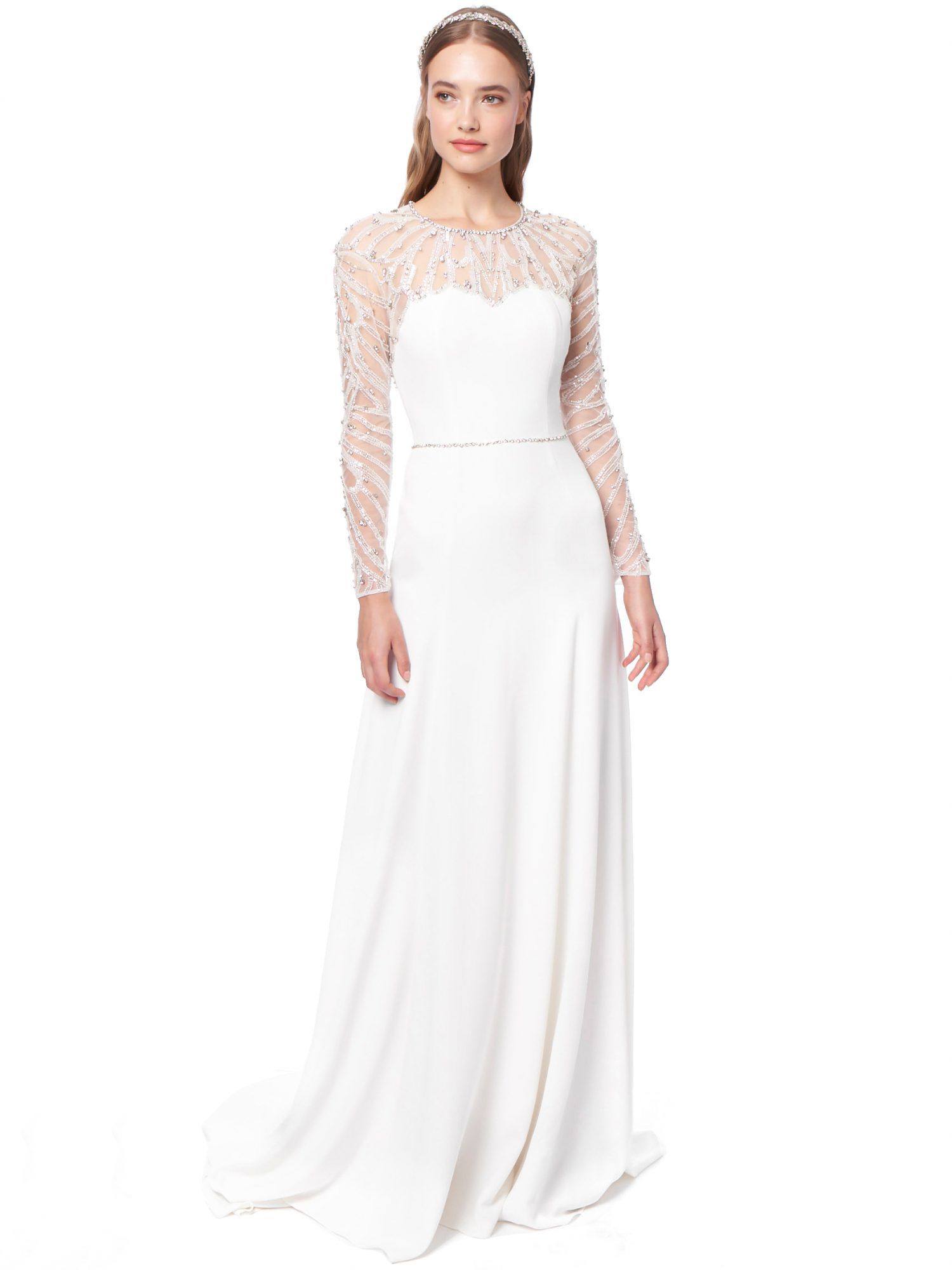 jenny packham beaded sheer long sleeved wedding dress fall 2021