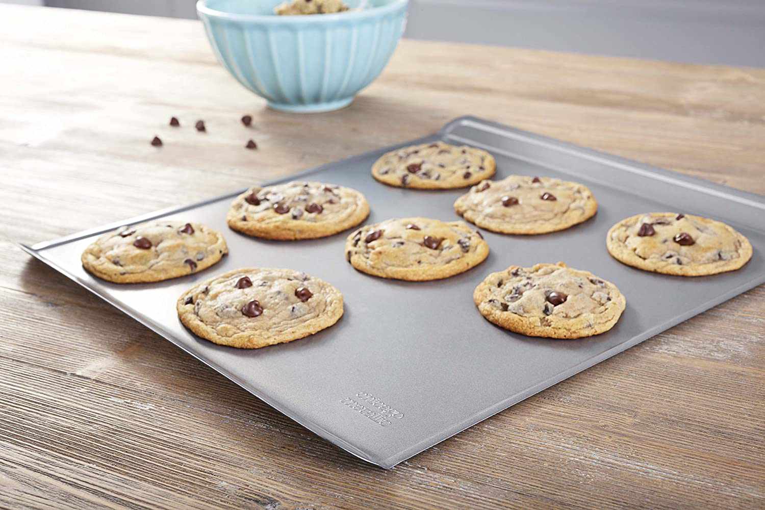 cookie sheet with chocolate chip cookies