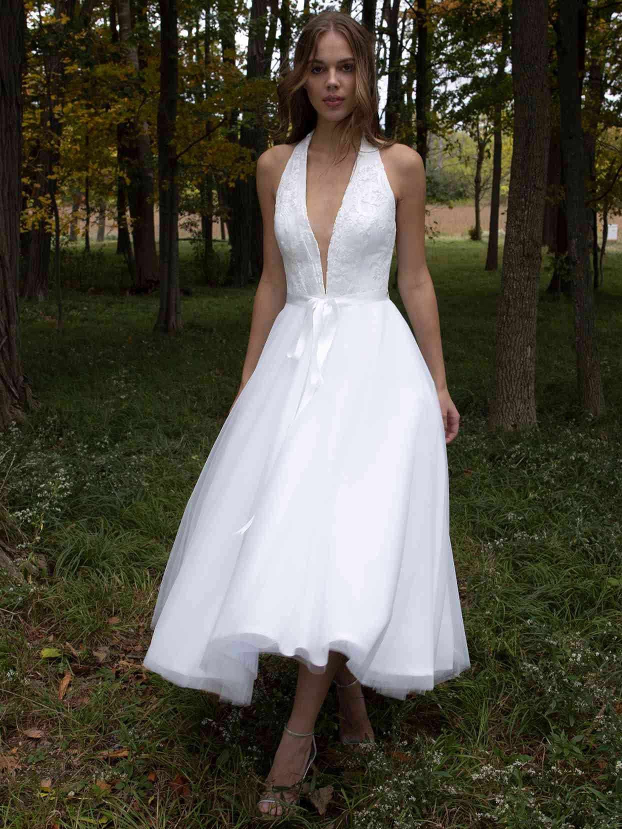 Romona Keveza tea length plunging v-neck halter top bow belt wedding dress fall 2021