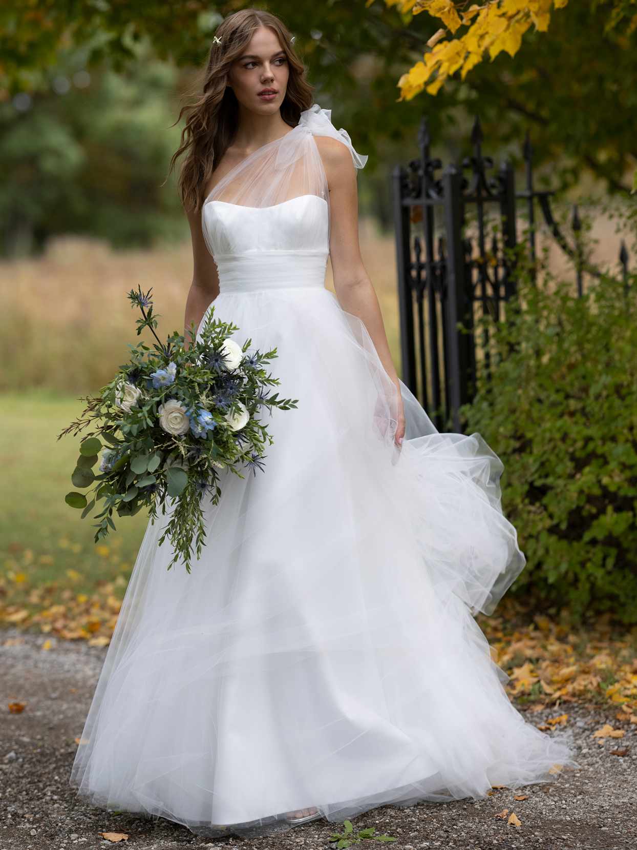Romona Keveza one shoulder tulle a-line wedding dress fall 2021