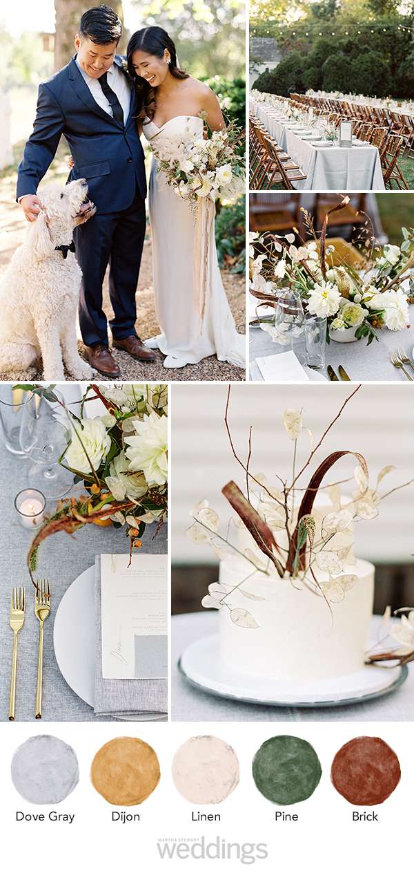 wedding color palette mood board dove gray, dijon, linen, pine, brick
