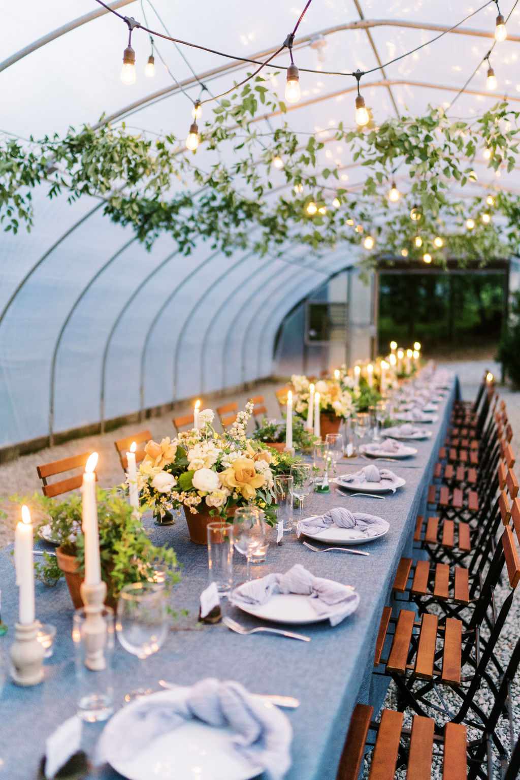 single long table under hanging greenery and string lights