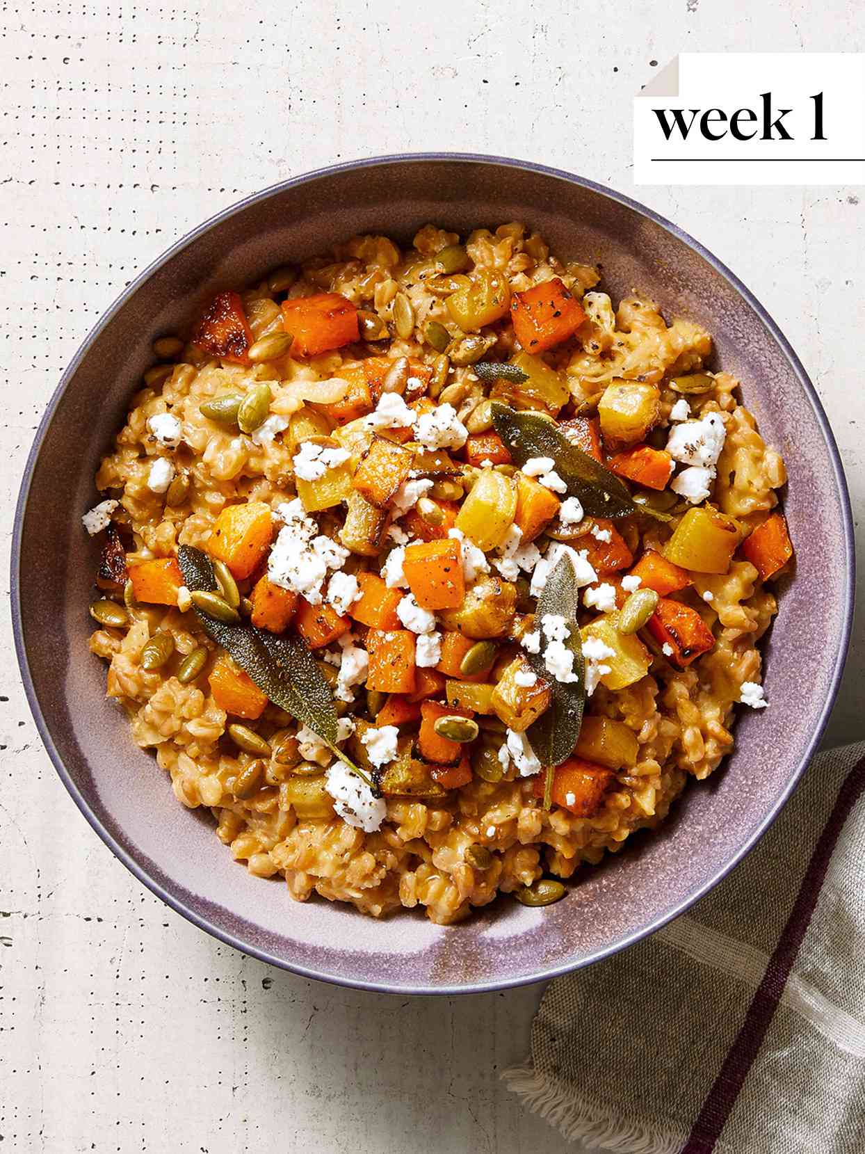 Baked Farro Risotto with Golden Vegetables and Goat Cheese