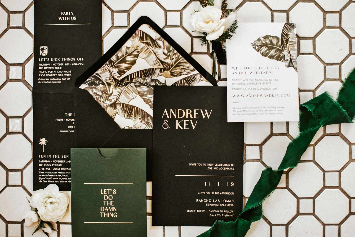 masculine black, green, and white wedding invitations