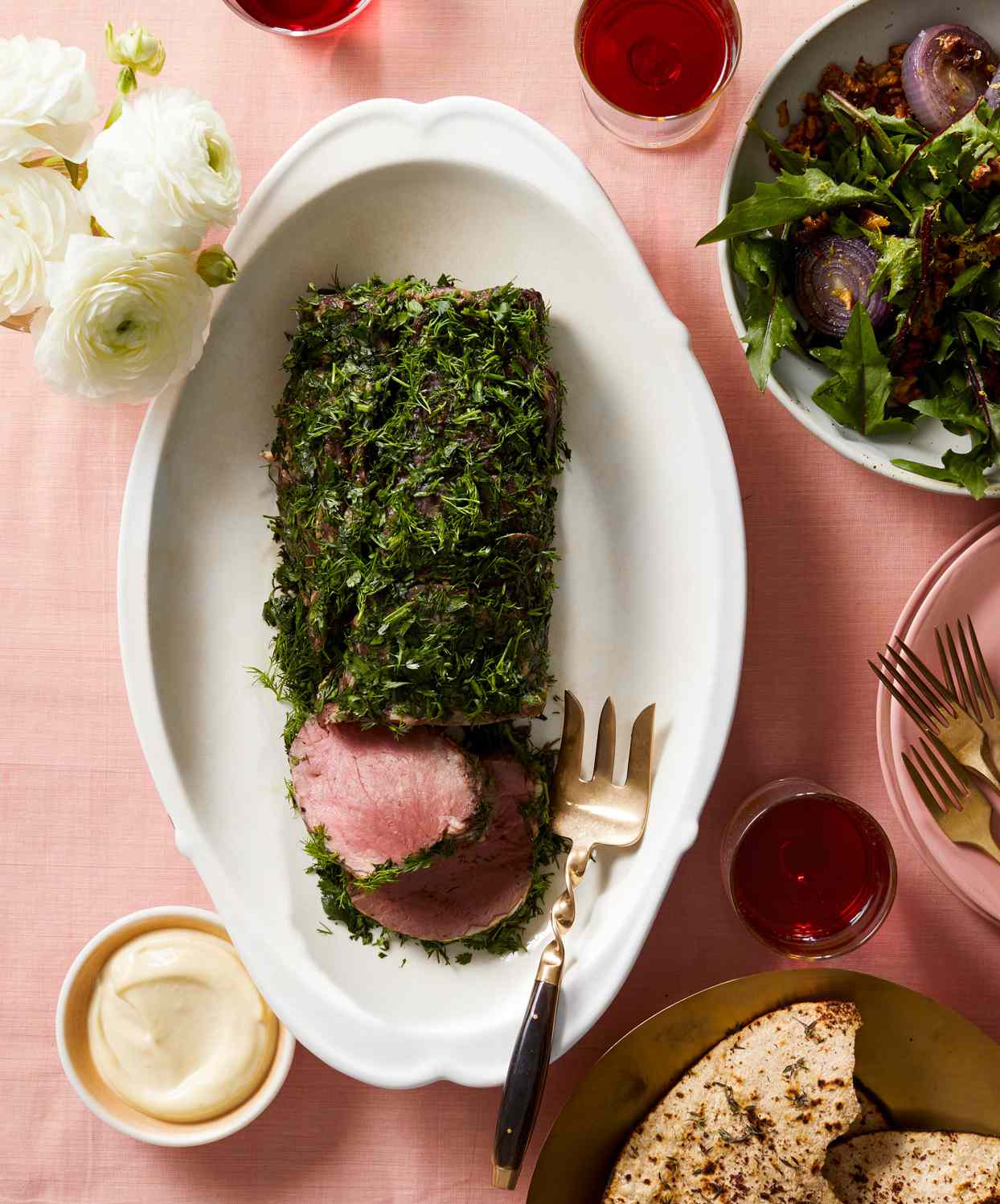 passover herb-coated beef tenderloin with roasted-garlic aioli