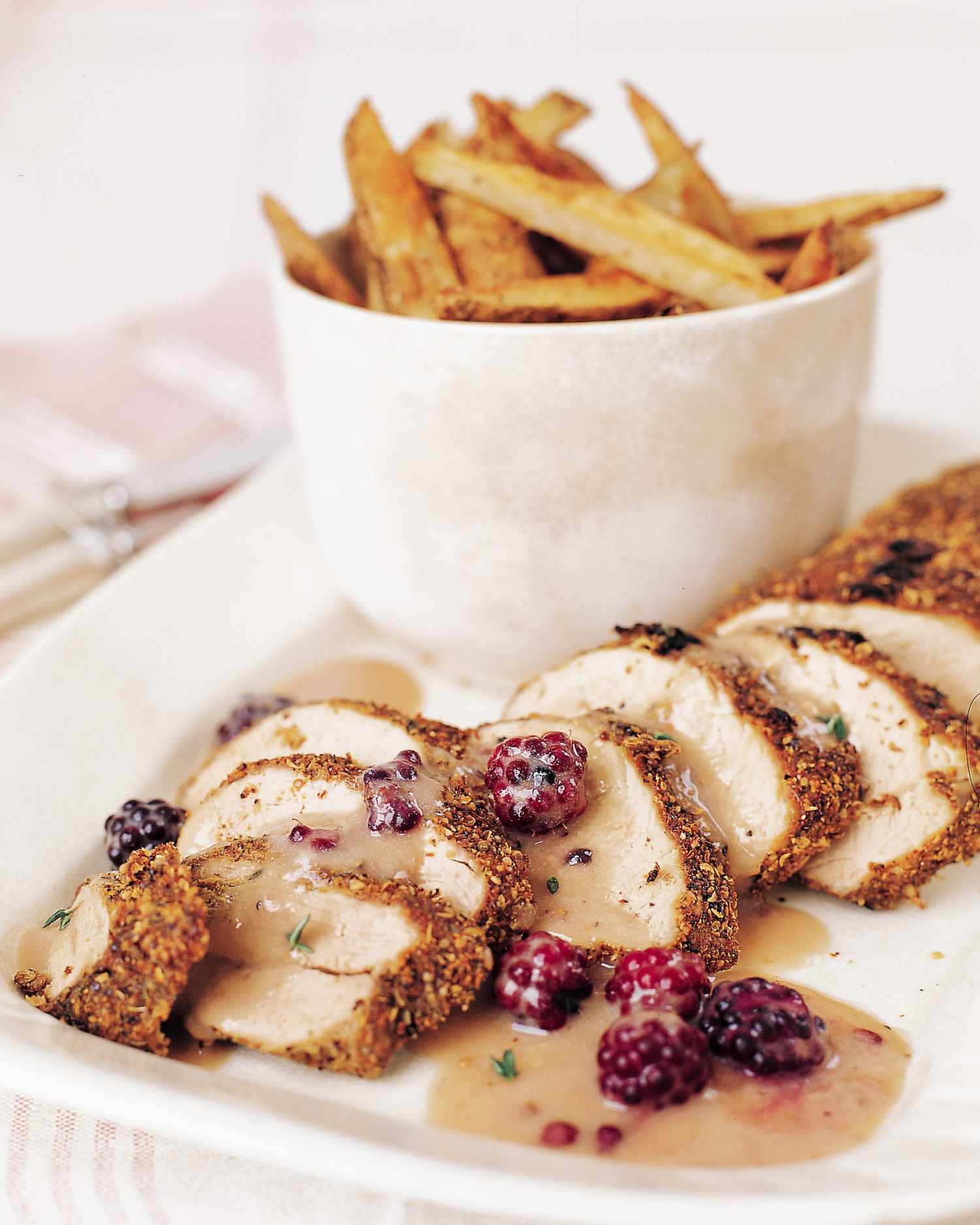 Mustard-Rubbed Pork with Blackberry-Mustard Sauce and Spiced Oven Fries