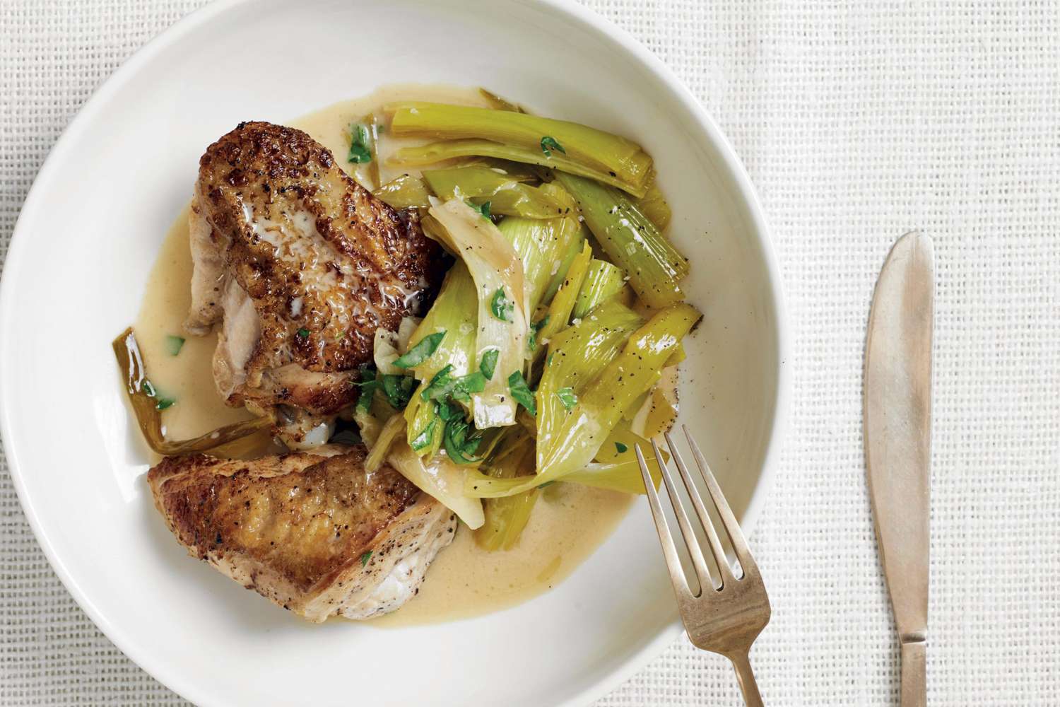 Normandy-Style Chicken and Leeks with Creme Fraiche