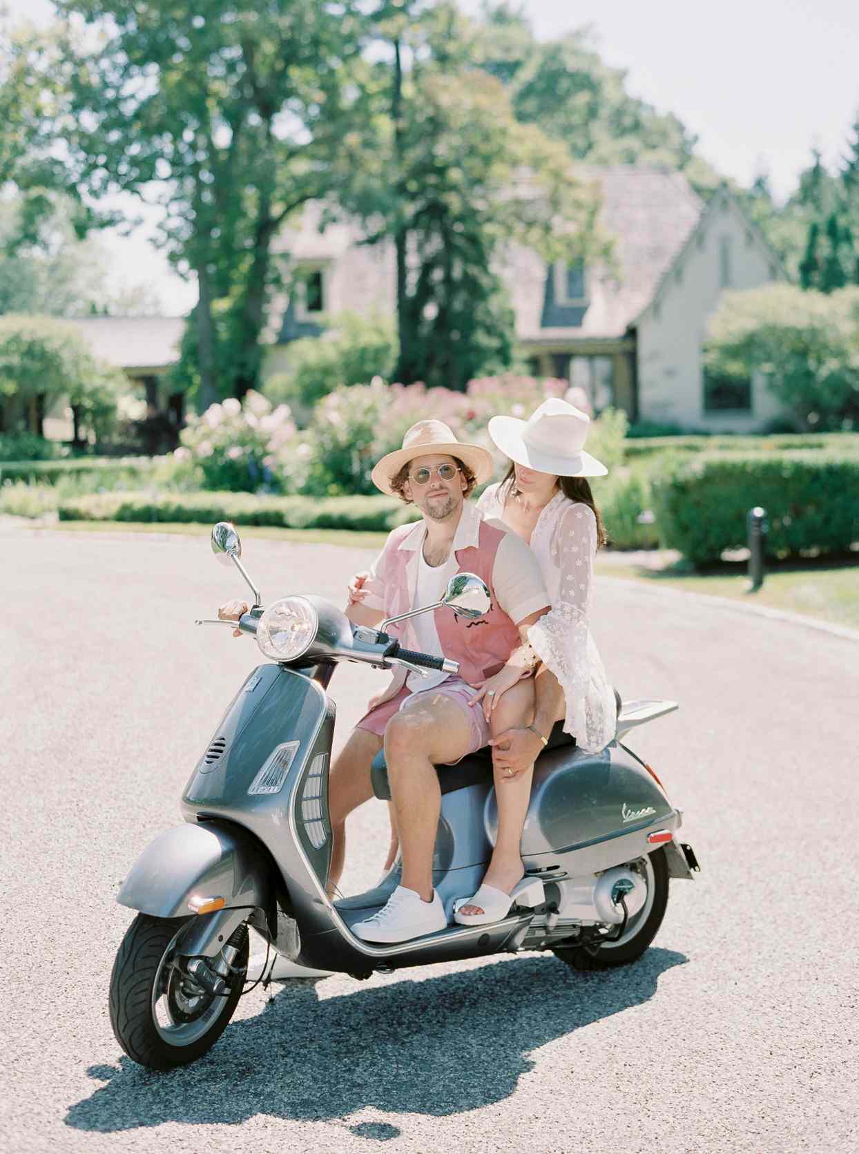 bride and groom on moped