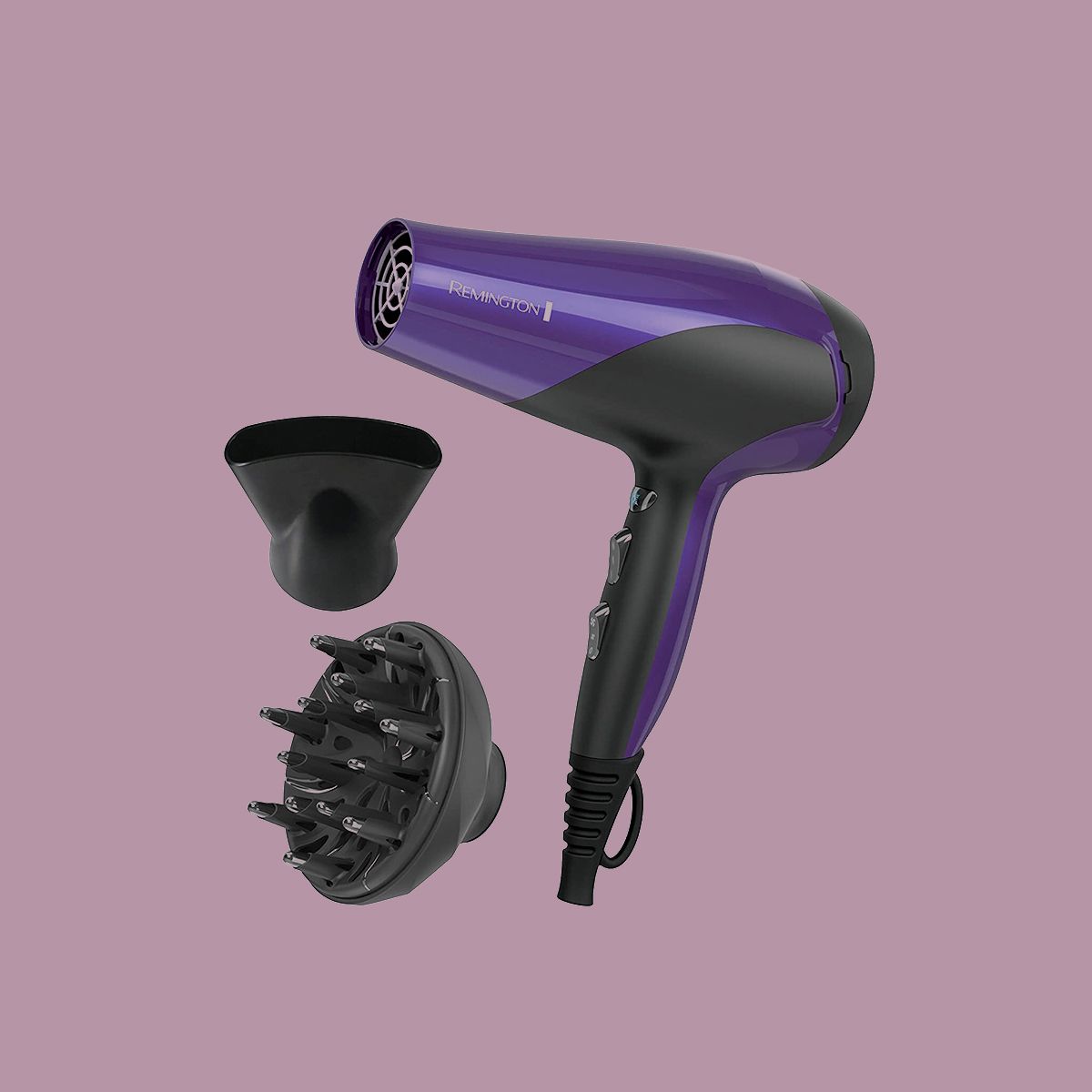 purple hair dryer with diffuser in front of mauve background