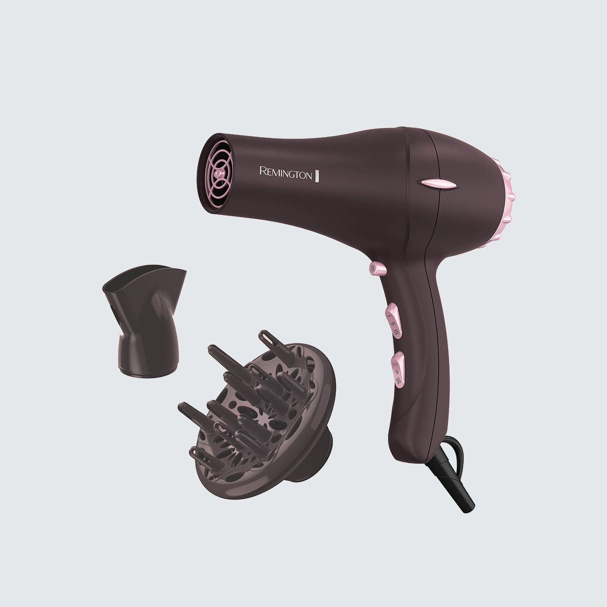 purple hair dryer with diffuser in front of light blue background