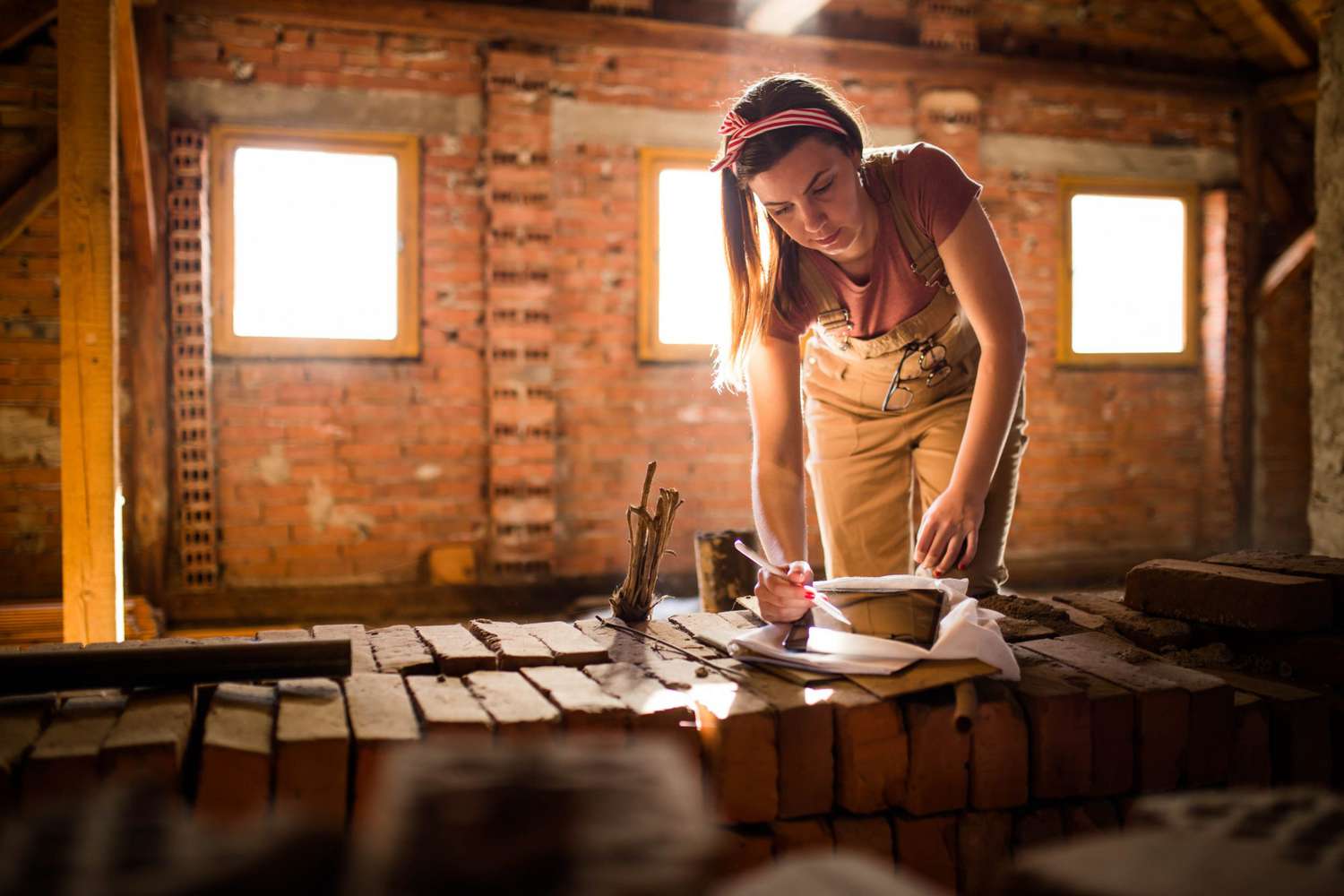 woman renovating brick home