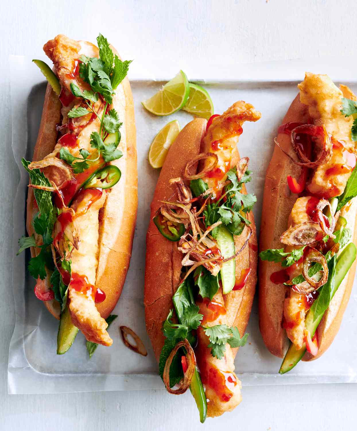 Fried-Fish Subs with Chili Sauce and Herbs