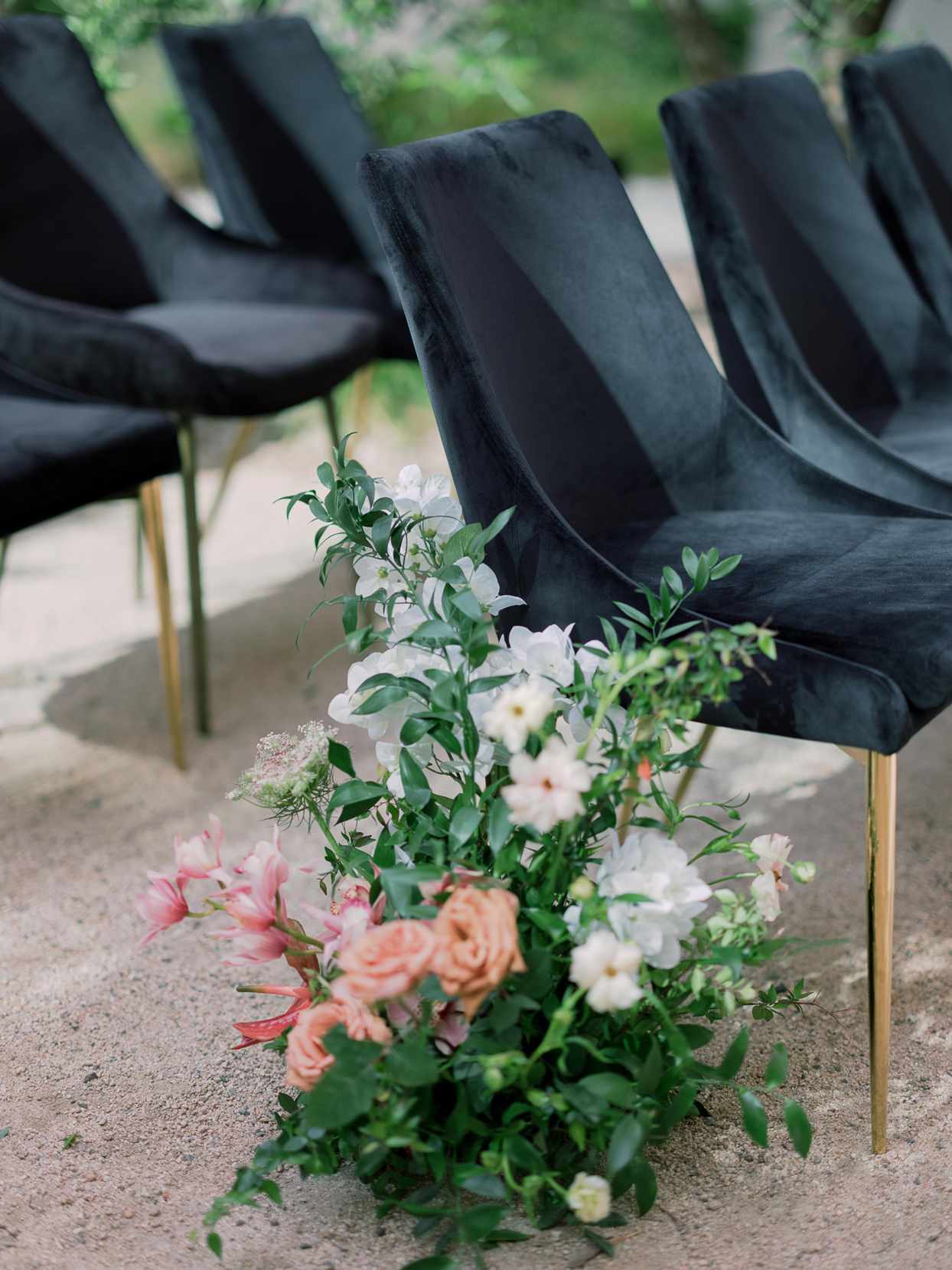 midcentury modern black velvet wedding ceremony chairs