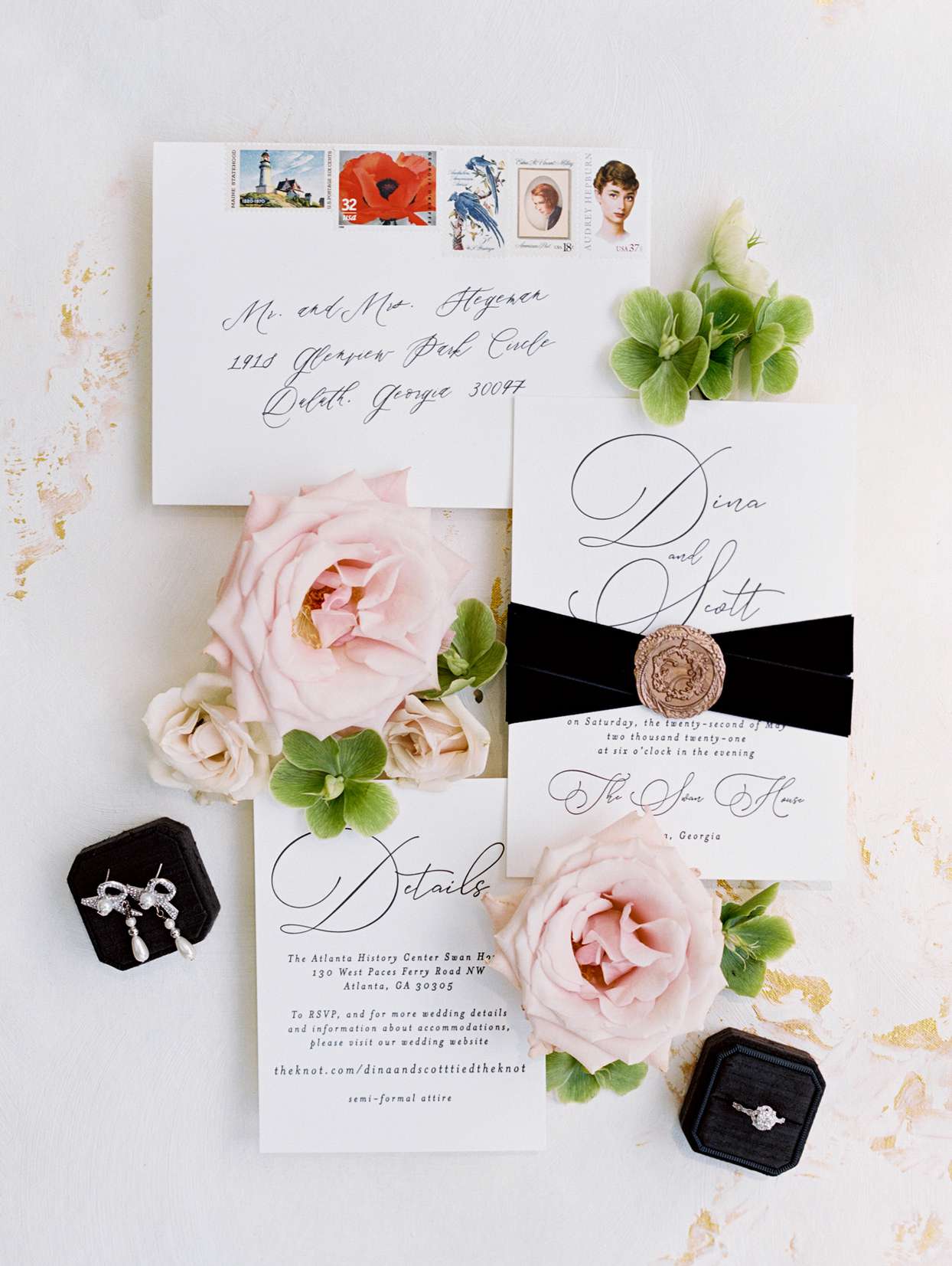 wedding invitation suite with black letterpress script
