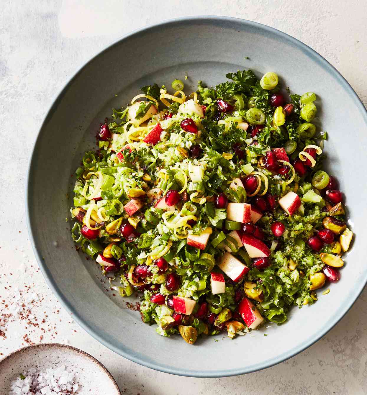 broccoli herb and pistachio grain salad with pomegranate