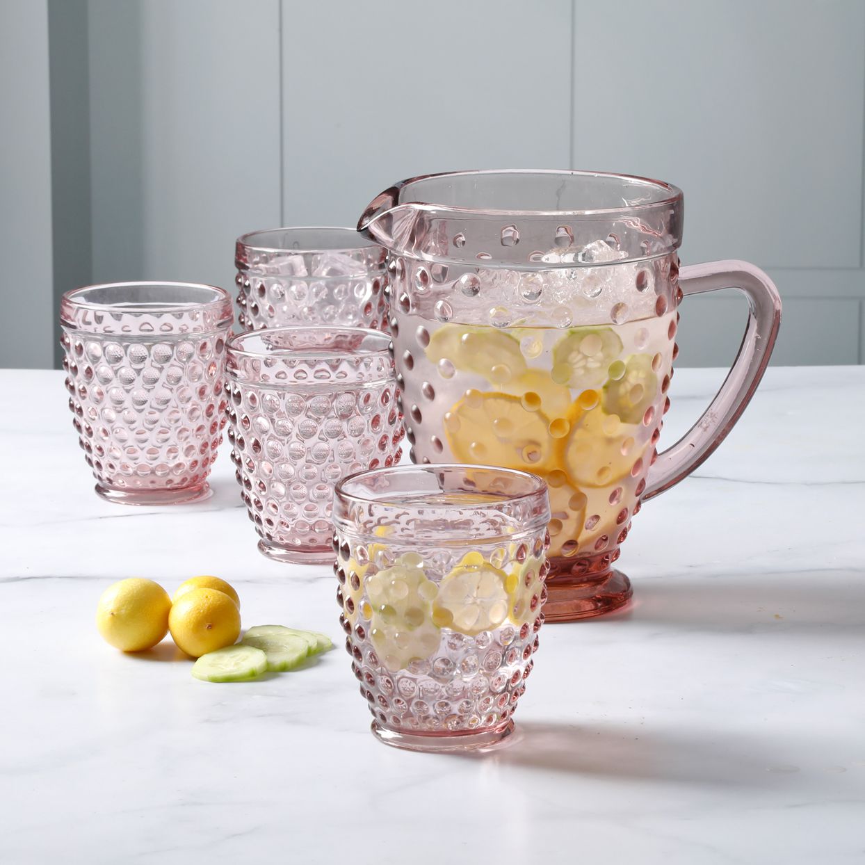 martha stewart 5-piece hobnail glass pitcher set