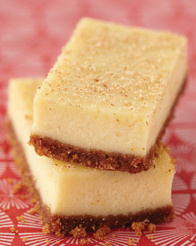<p>Eggnog, freshly-grated nutmeg, and a splash of brandy give warm holiday flavor to these cheesecake bars. This recipe uses a traditional graham cracker crust, but feel free to substitute gingersnaps for extra pep.</p>
                          