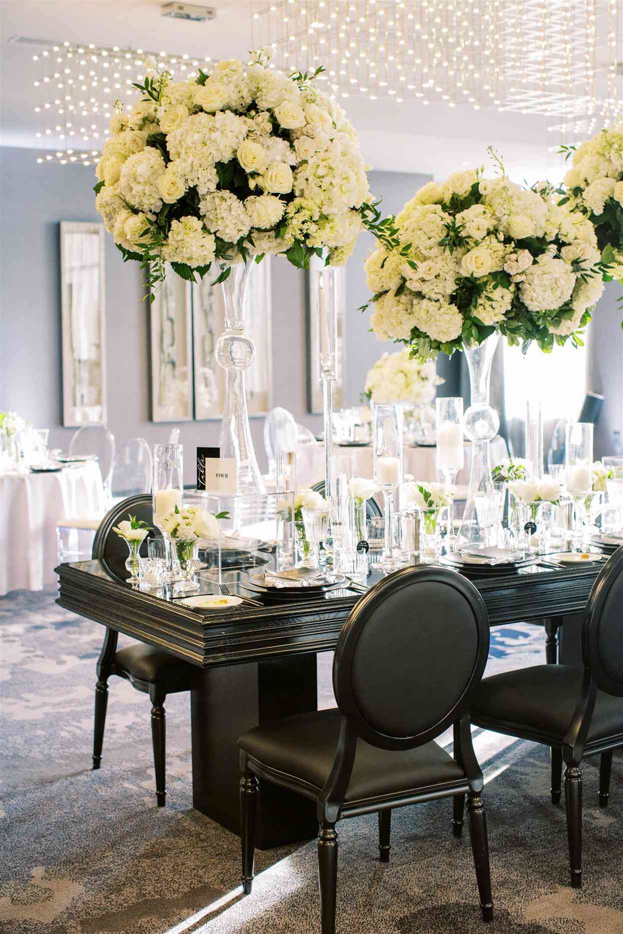 black and white themed reception decor