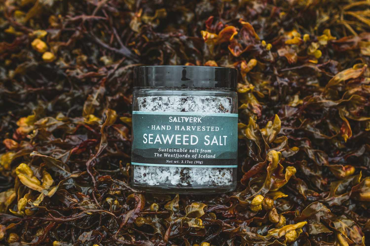 Jar of seaweed salt on seaweed