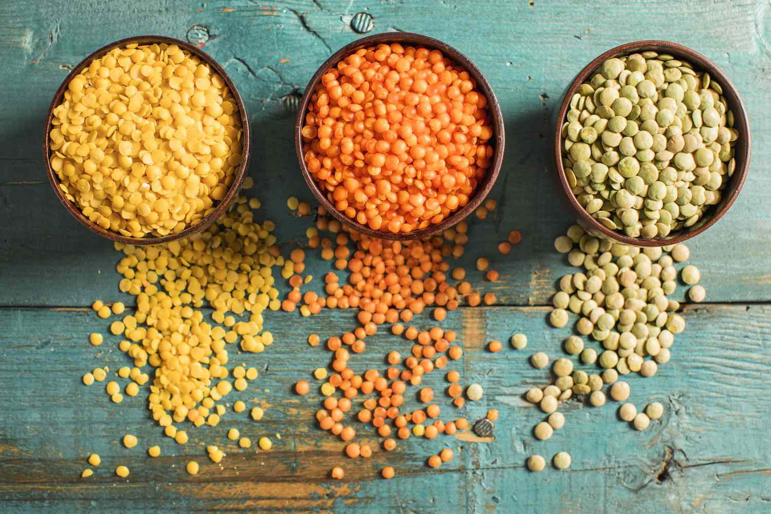 Red yellow green lentils high angle view