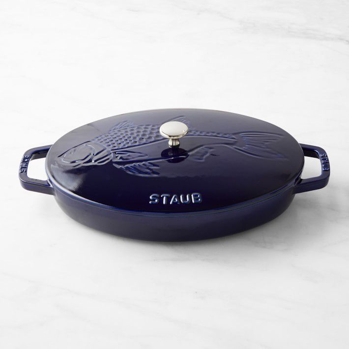 Staub Enameled Cast-Iron Oval Gratin with Sea Bass Embossed Lid