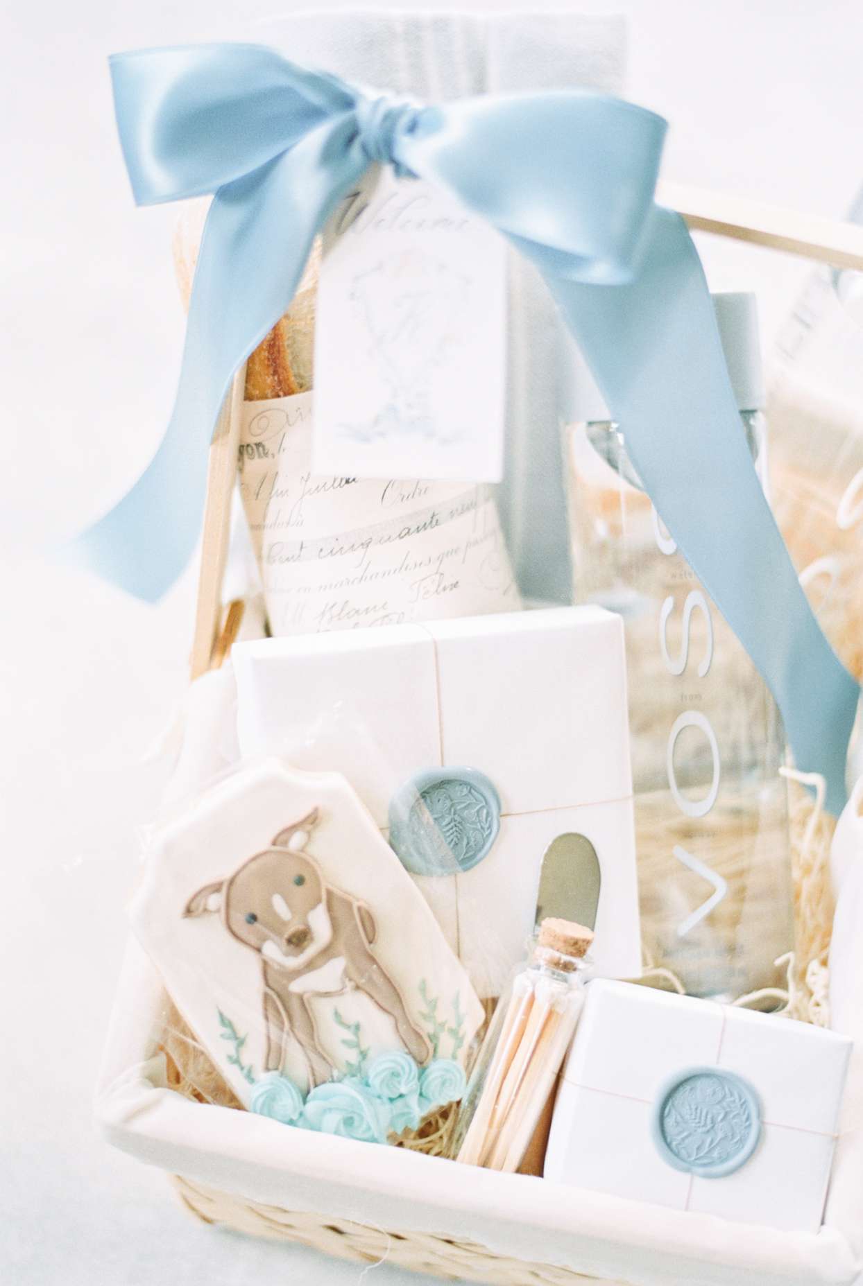 blue and white wedding welcome box