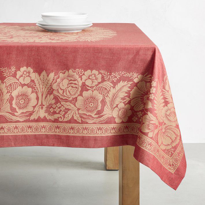 Williams Sonoma Vintage Floral Jacquard Tablecloth in Burgundy