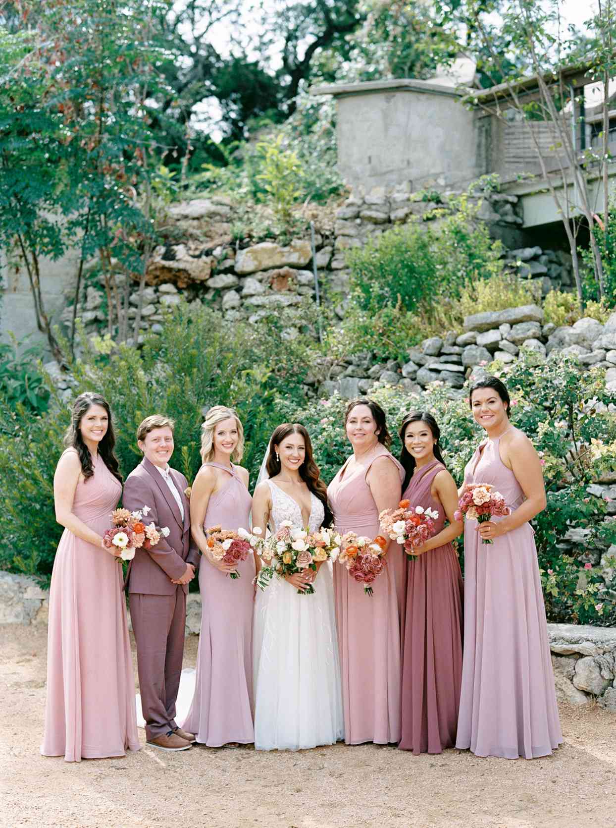 wedding party portrait in shades of pink