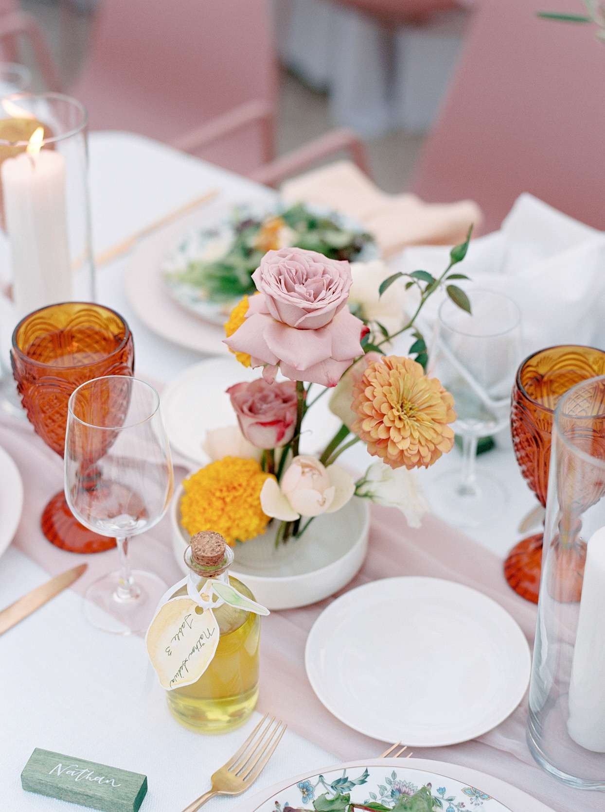 sunset colored floral wedding place setting