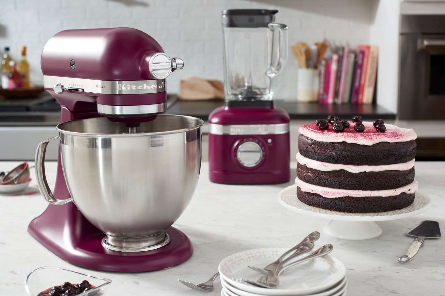 kitcehnaid stand mixer and blender in beetroot color option