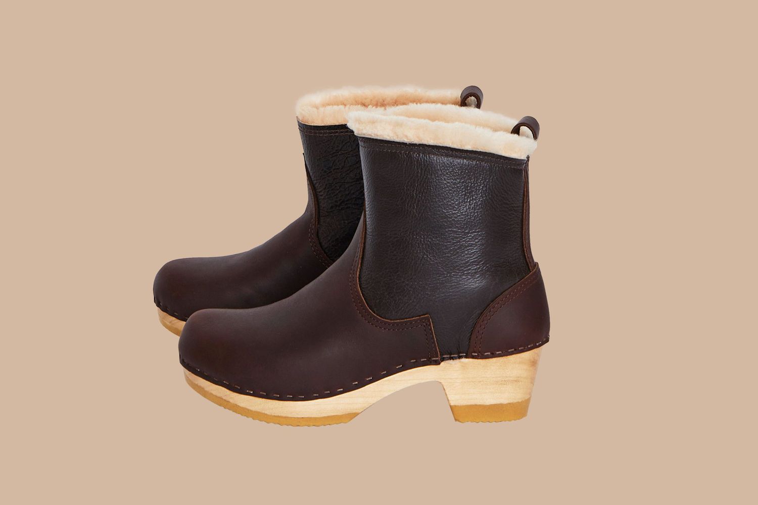 No.6 5-Inch Pull-On Shearling Clog Boots on Mid-Heel in Brown Aviator