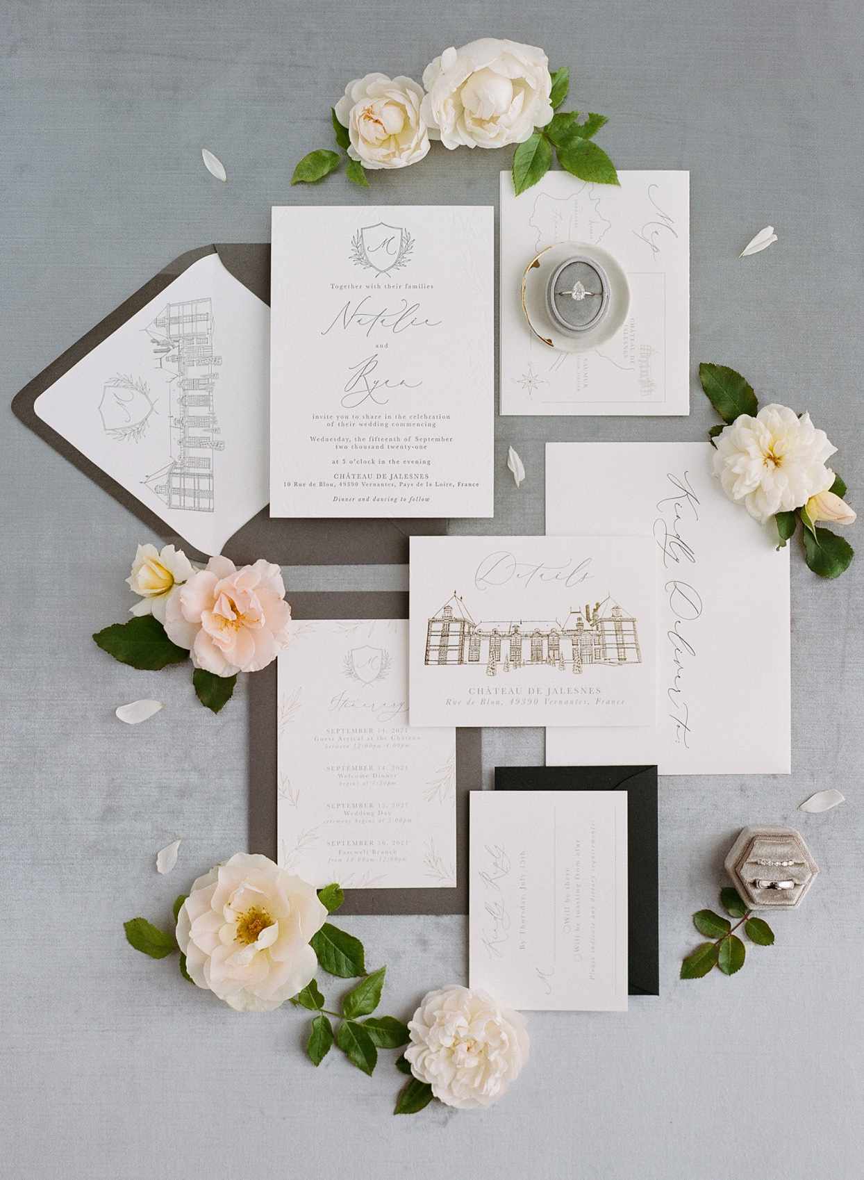 wedding invitation suite with hand-drawn illustrations