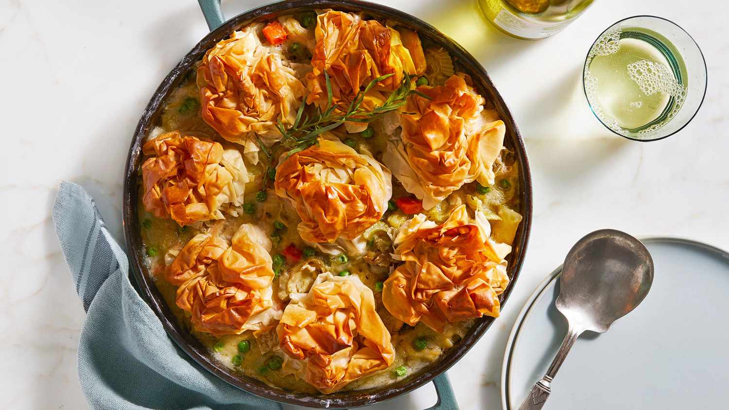 light and bright chicken potpie with phyllo clusters
