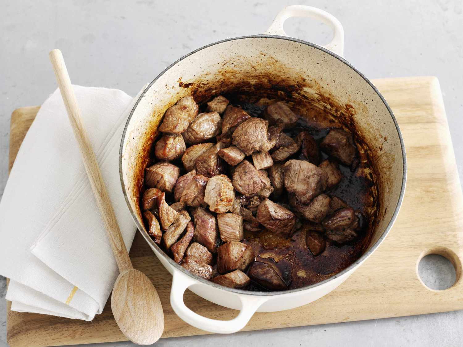 Browned meat in dutch oven