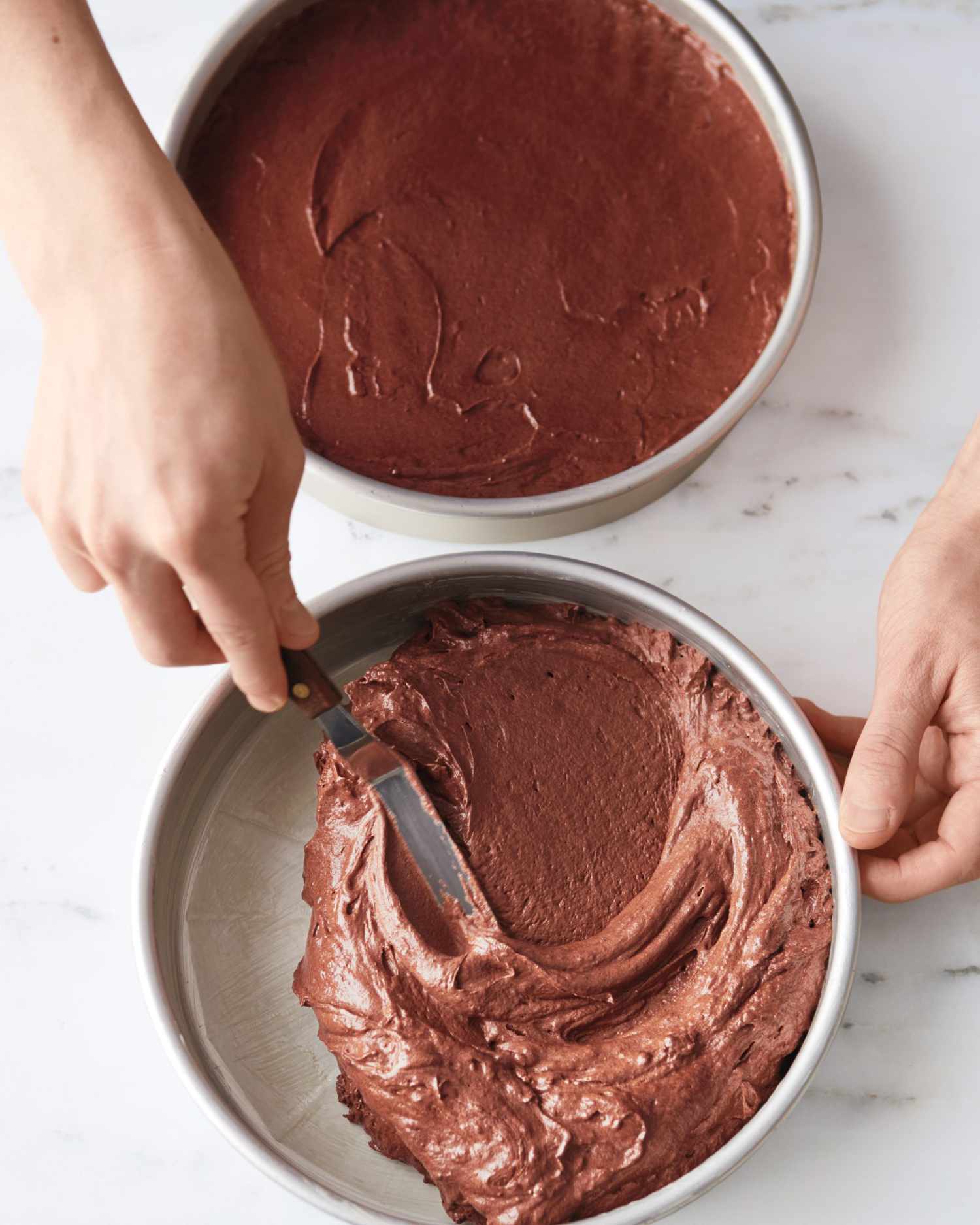 devils food cake process adding mix to pan