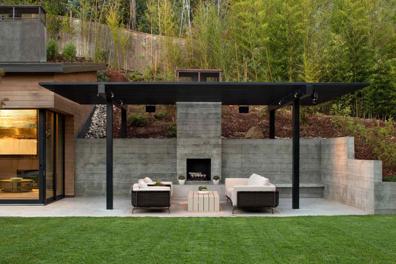 symmetrical styled outdoor fireplace