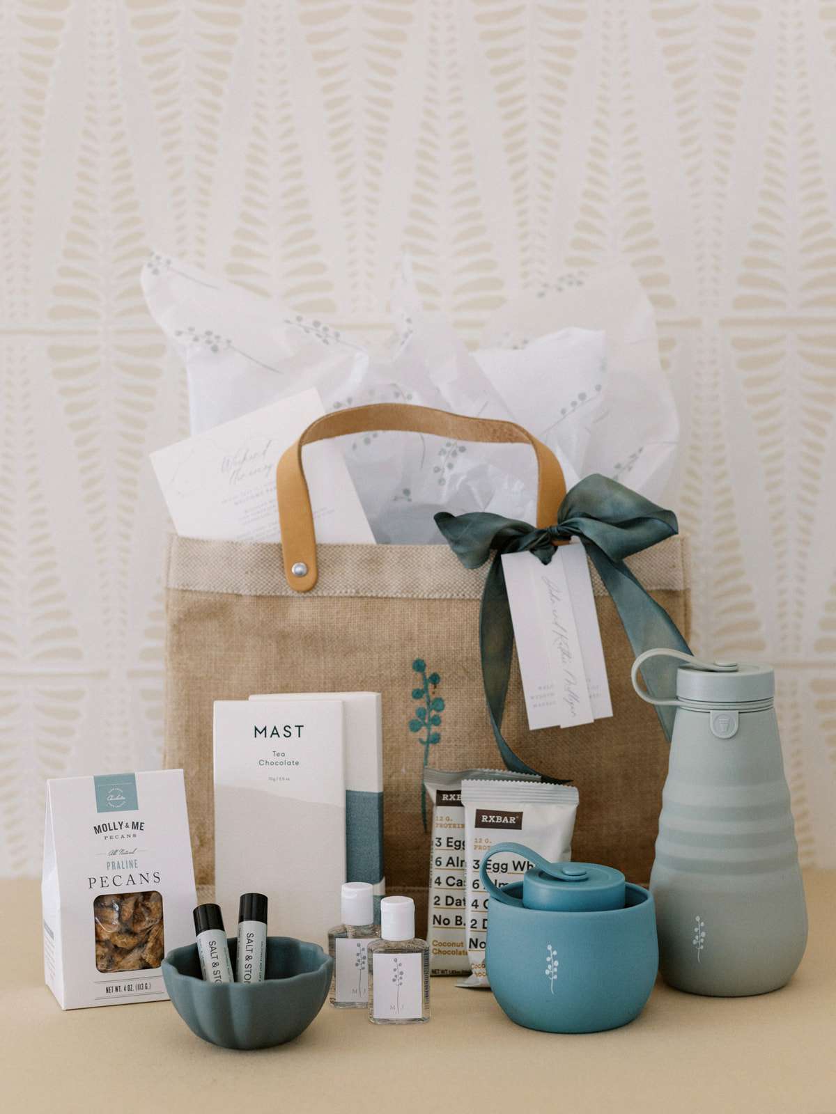 wedding welcome bags with blue and white favors