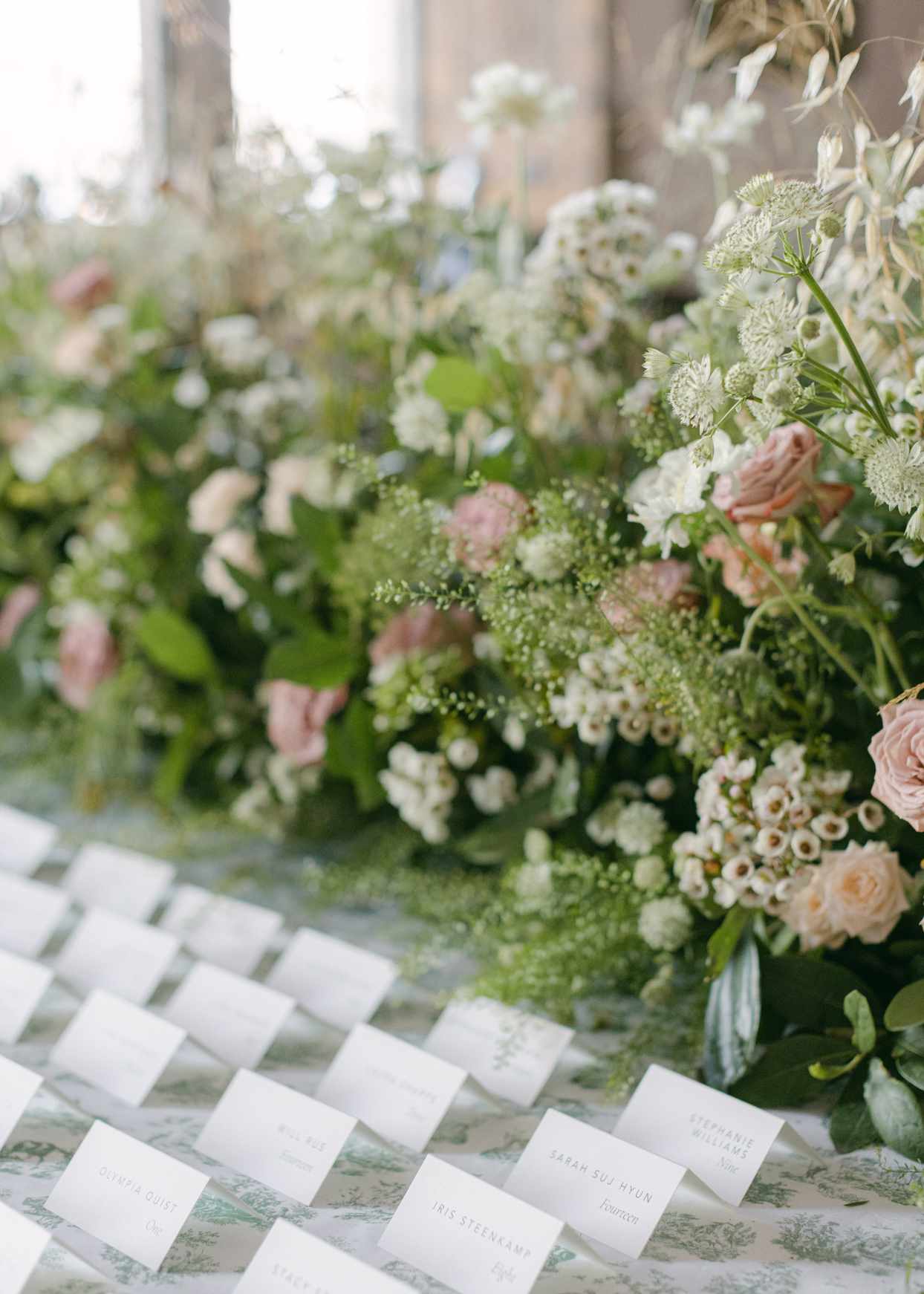 escort card display with floral arrangement