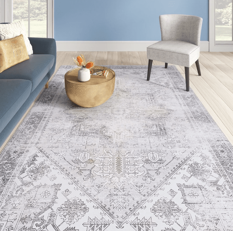 Oriental washable rug in blue grey