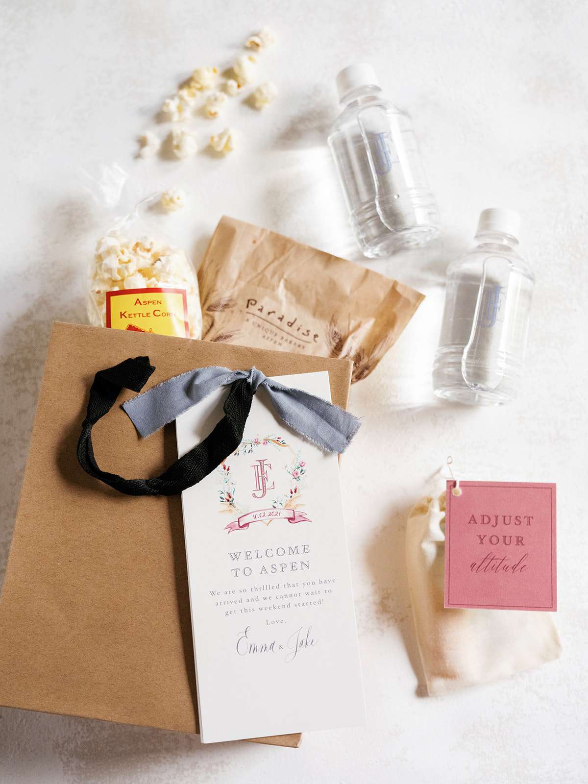 wedding welcome bags with popcorn and water