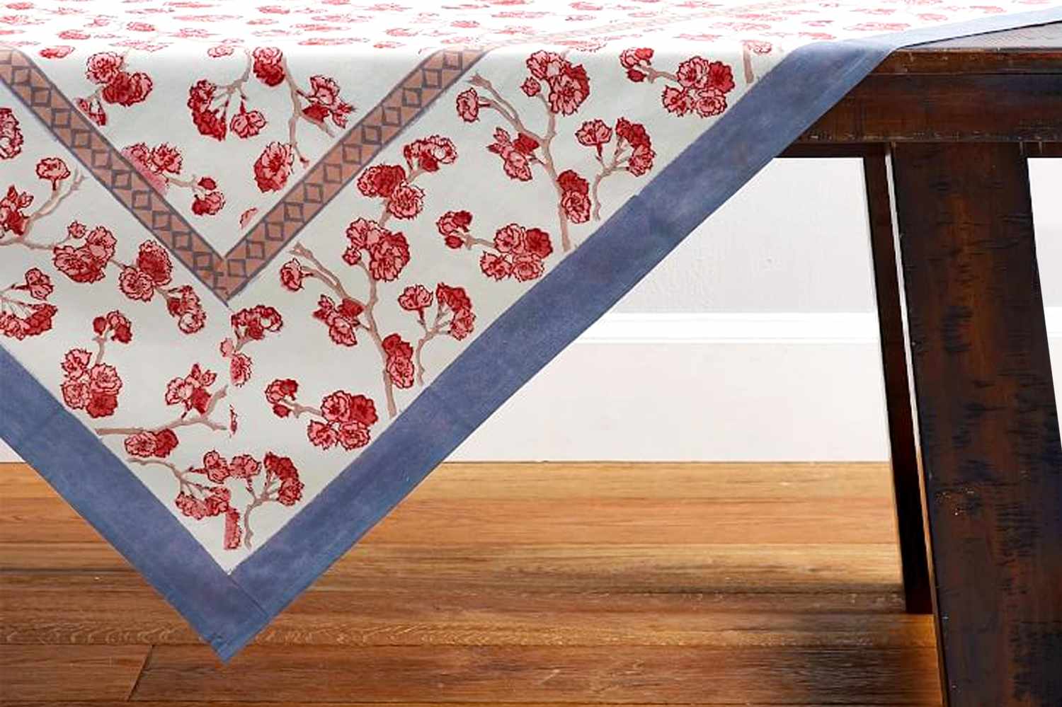 table cloth with red white blue cherry blossom pattern