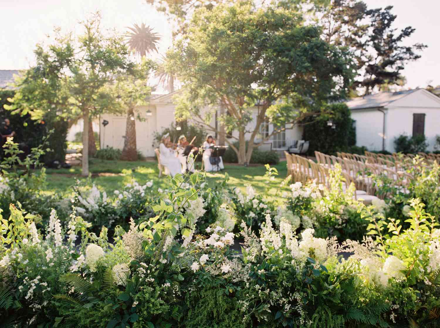 ceremony aisle greenery with white flowers and wild plants
