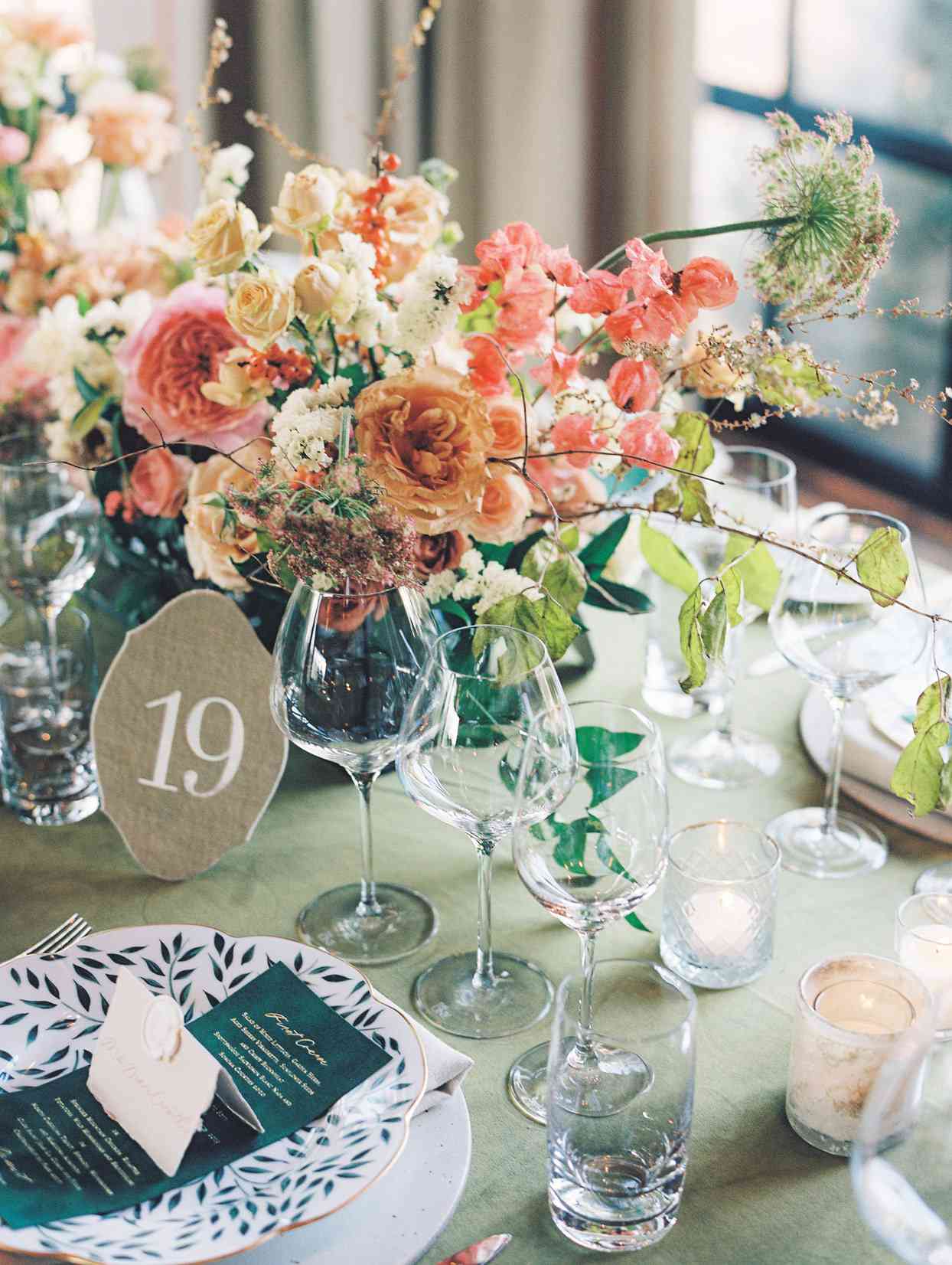 pink and green floral wedding reception table decor