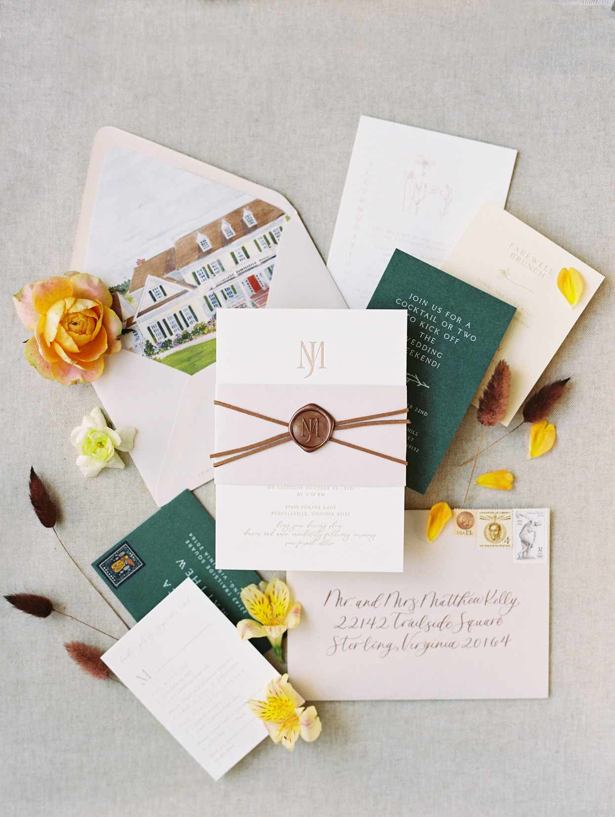 brown and green invitation suite with family home painting