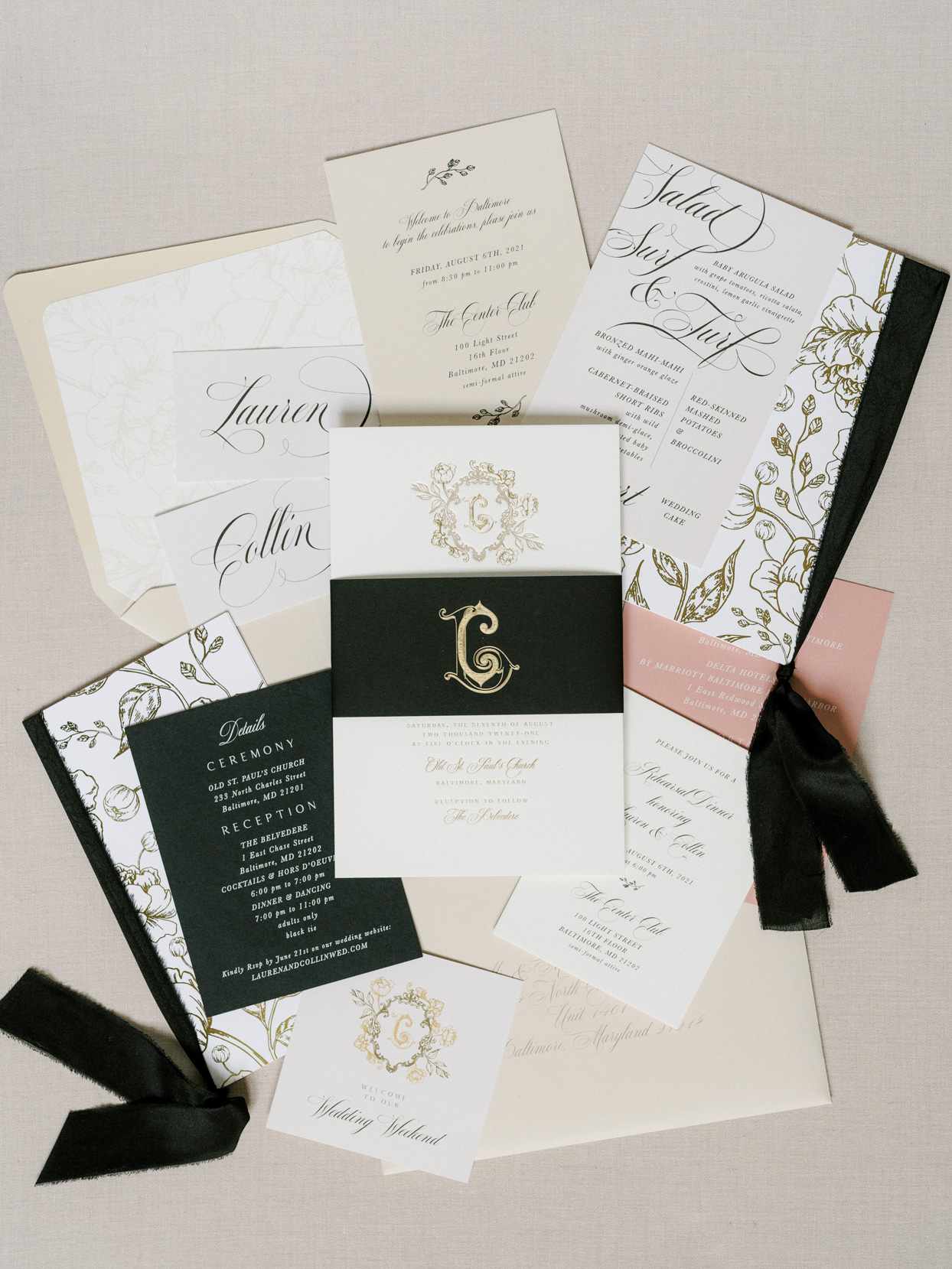 elegant wedding invitations gold, blush, black, and white