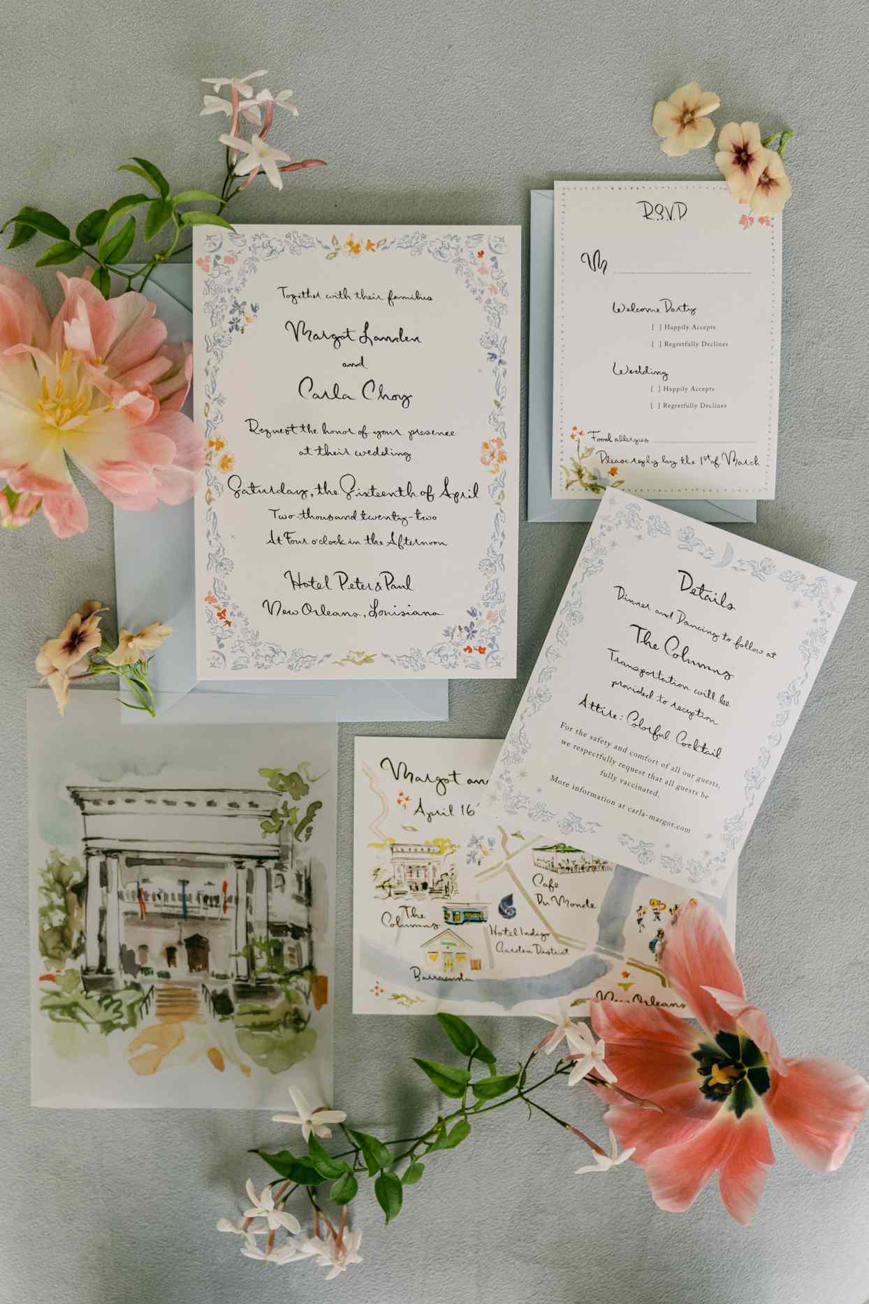 illustrated wedding invitation suite