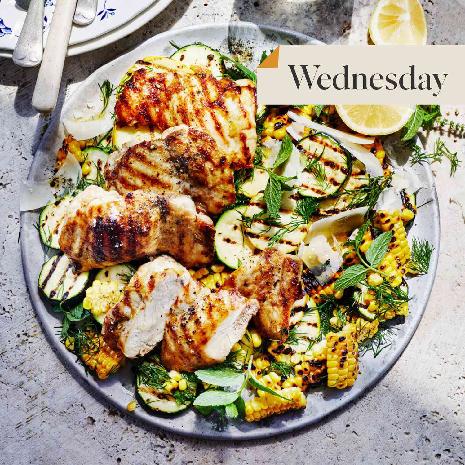 what's for dinner grilled chicken thighs with charred corn and summer squash
