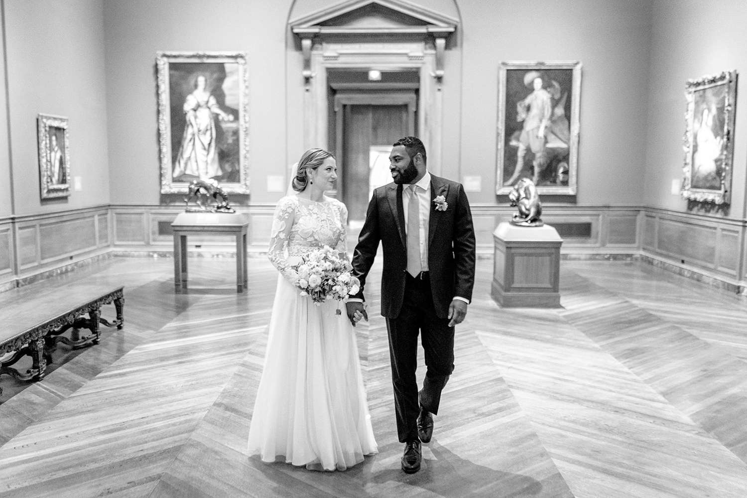bride and groom wedding portrait in museum