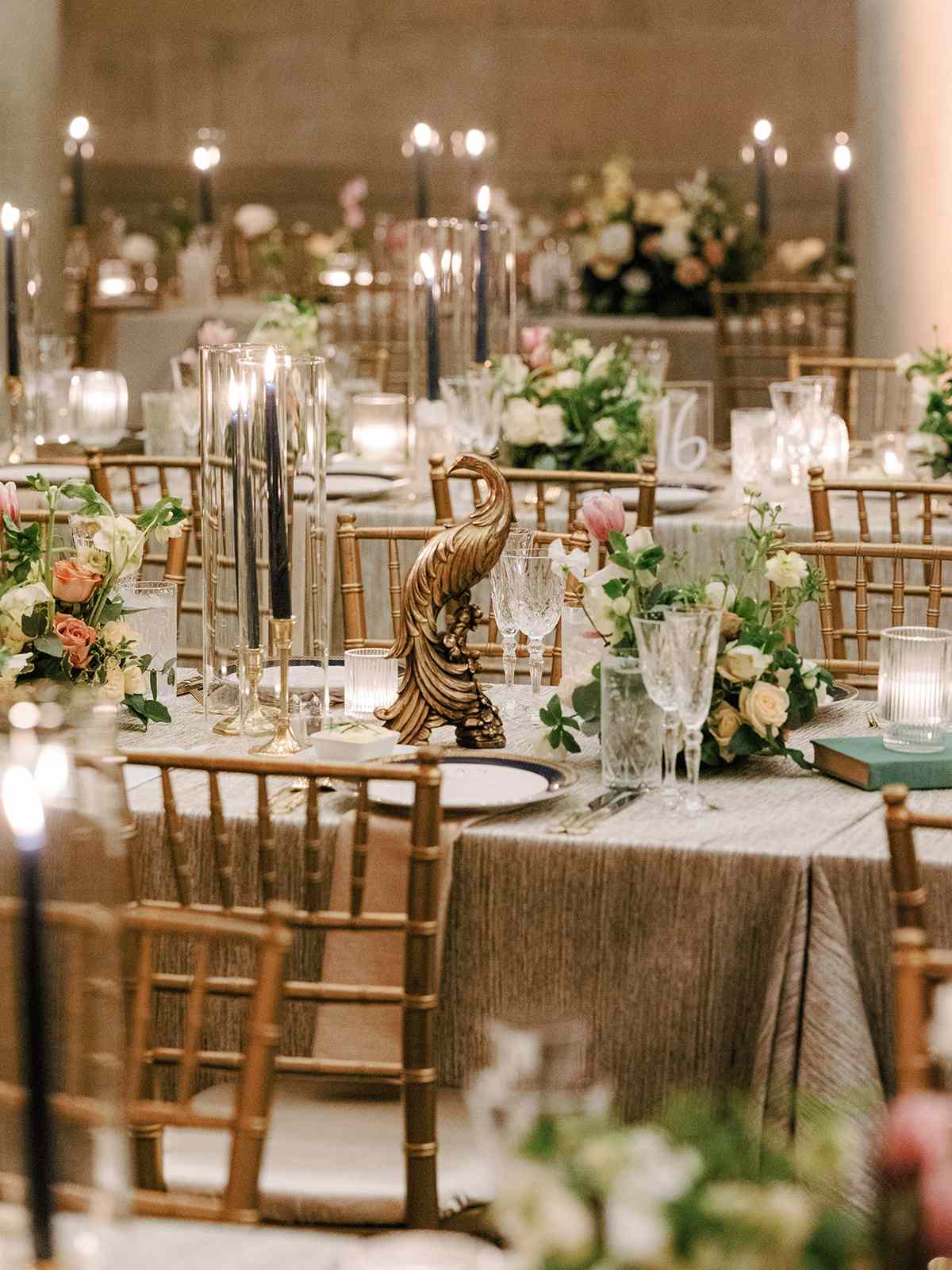 elegant antique wedding reception table decor gold, pink, and green